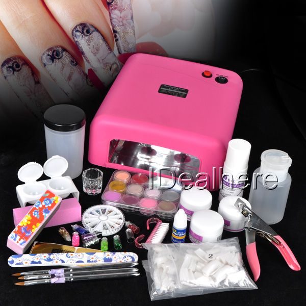 Full Pro Acrylic Powder Liquid NAILS ART KIT with 110V Pink Nail UV 
