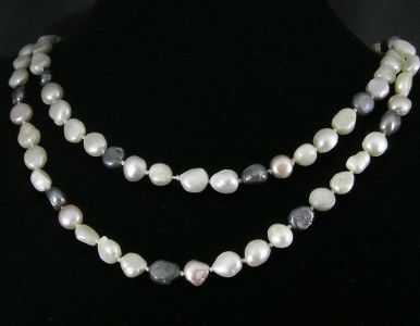 Peach White Gray Freshwater Pearl Baroque Nugget Long Strand Necklace 