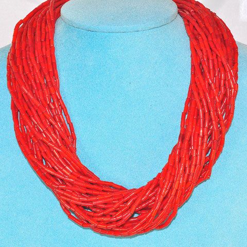Sterling Silver 30 Strand Real RED CORAL Bead Necklace  