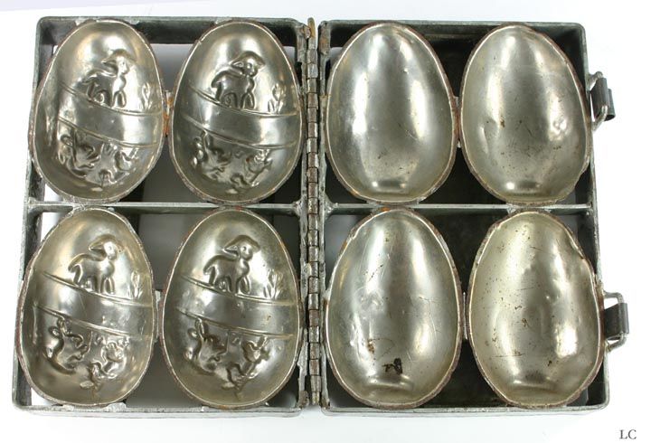 ANTIQUE EASTER EGG, BUNNY, LAMB HINGED CHOCOLATE MOLD  