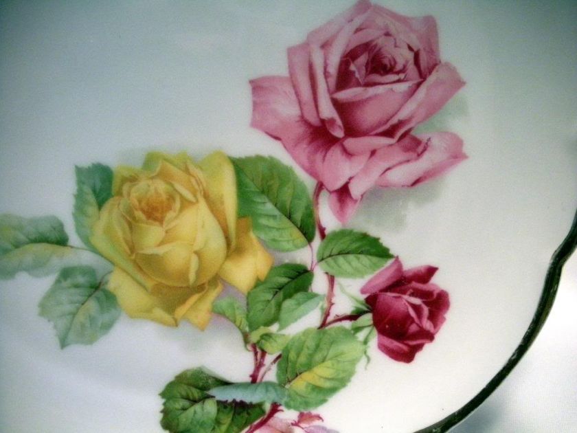   GERMANY 29 CHINA PLATE PINK YELLOW ROSE SCALLOPED GOLD TRIM EDGE 8.5