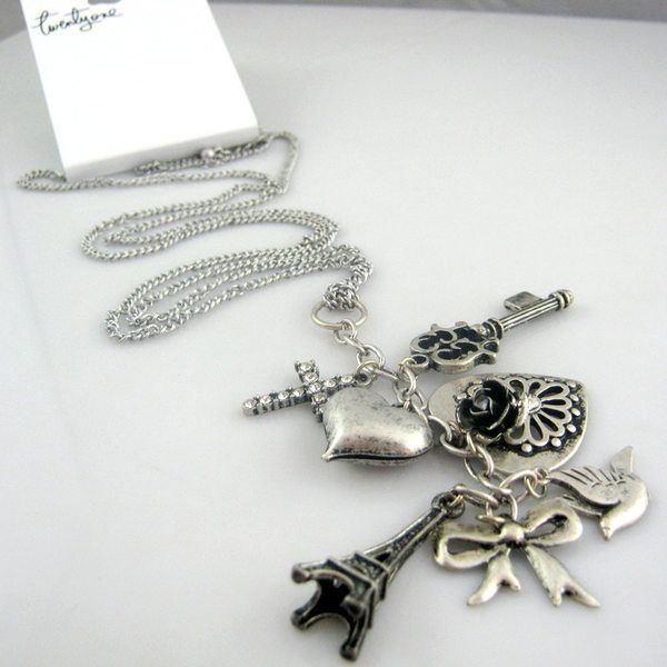   Eiffel Tower Heart Flower Cross Dove Key Charm Pendant Necklace  