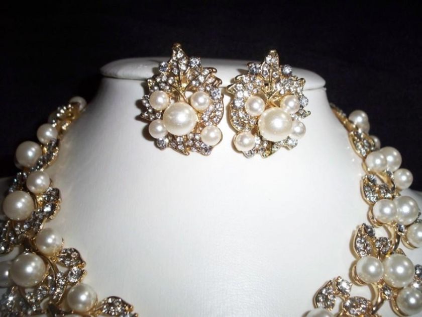 Wedding Bridal Crystal Leaf Pearl Necklace, Earring Set **NEW**  