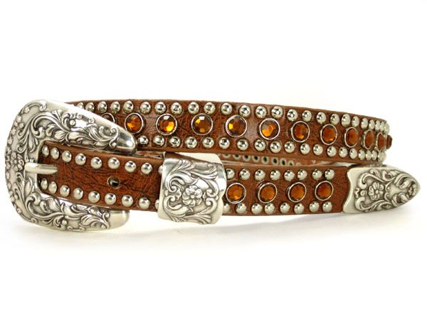   Skinny Rhinestone Punched in Studded Genuine Leather Belt  