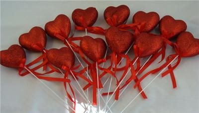 Lot Of 12 Adorable Glittery Red Hearts On Stem