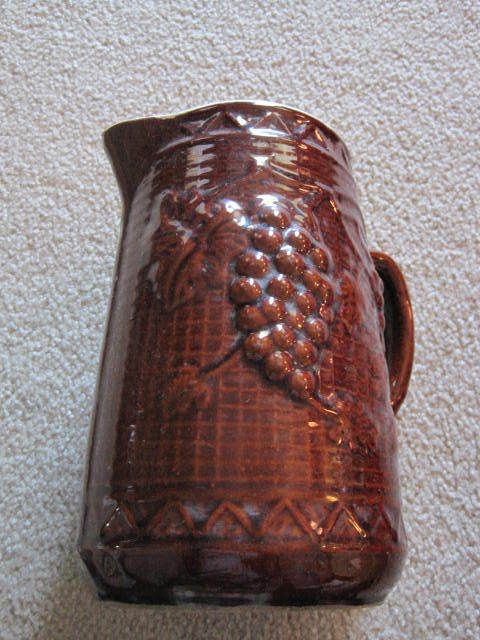 VINTAGE RED BROWN POTTERY PITCHER GRAPES DESIGN 9 TALL  