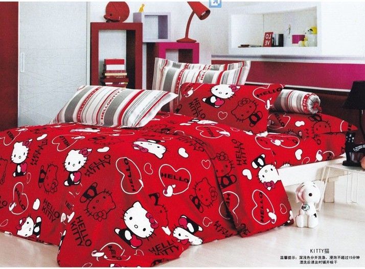   queen size lovely red hello kitty Bed Duvet Quilt Cover set  
