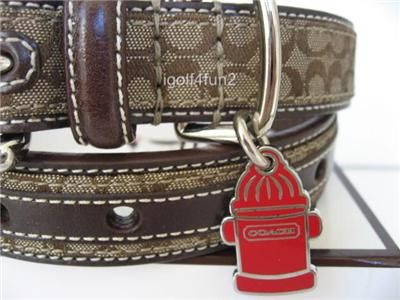 COACH Mini Signature Khaki/Mahogany Dog Collar w/ Fire Hydrant Charm 