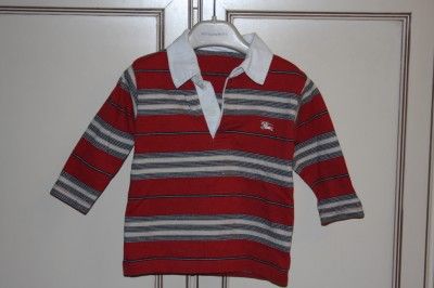 EUC Burberry Red/Tan Striped Rugby Shirt 12 Months 12M  